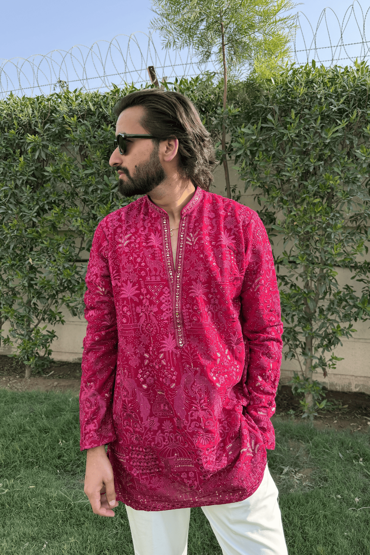 Wine Berry Embroidered Short Kurta For Men (Bootcut Pants)