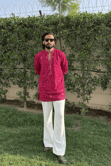 Wine Berry Embroidered Short Kurta For Men (Bootcut Pants)