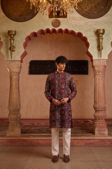 Berry Beautiful Kurta: Dark Purple with Multi-Color Thread Work and Sequin Embellishments