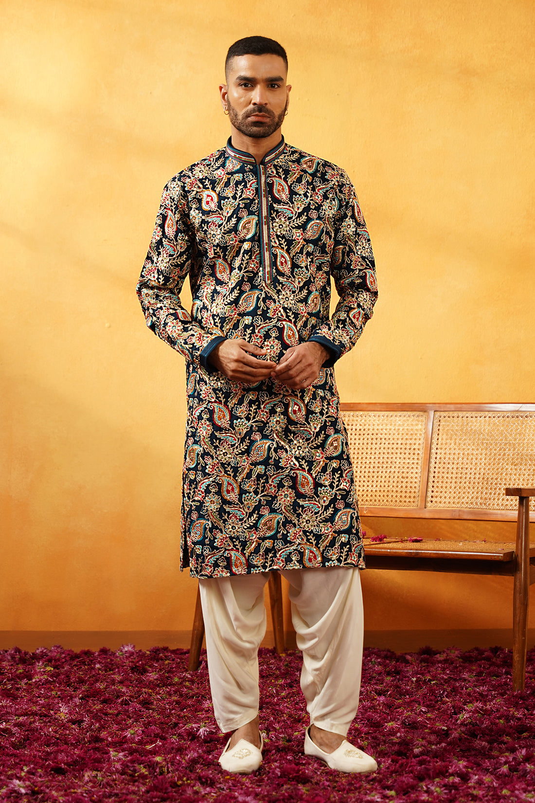 Classic Rama Kurta: Multi-Color Embroidery with Golden Thread Work