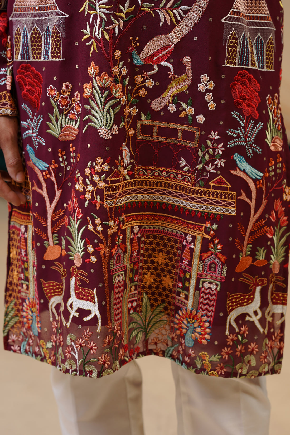 Maroon Masterpiece Kurta: Scenic Embroidery with Intricate Details