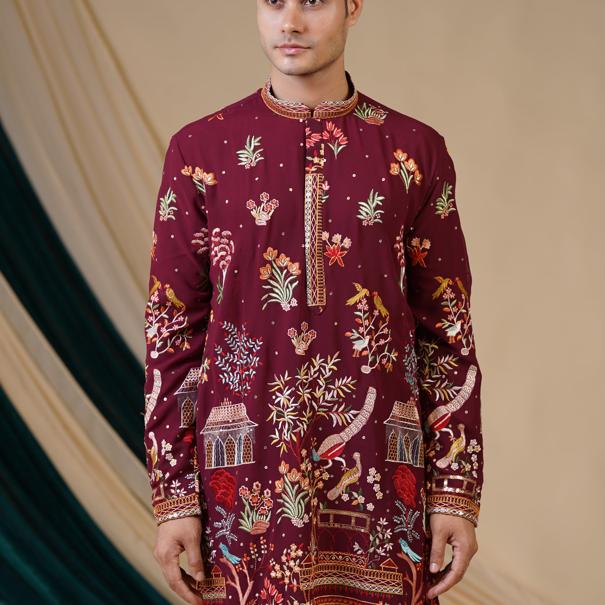 Maroon Masterpiece Kurta: Scenic Embroidery with Intricate Details