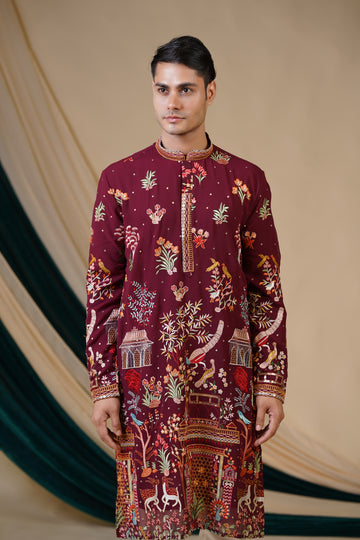 Maroon Masterpiece Kurta: Scenic Embroidery with Intricate Details