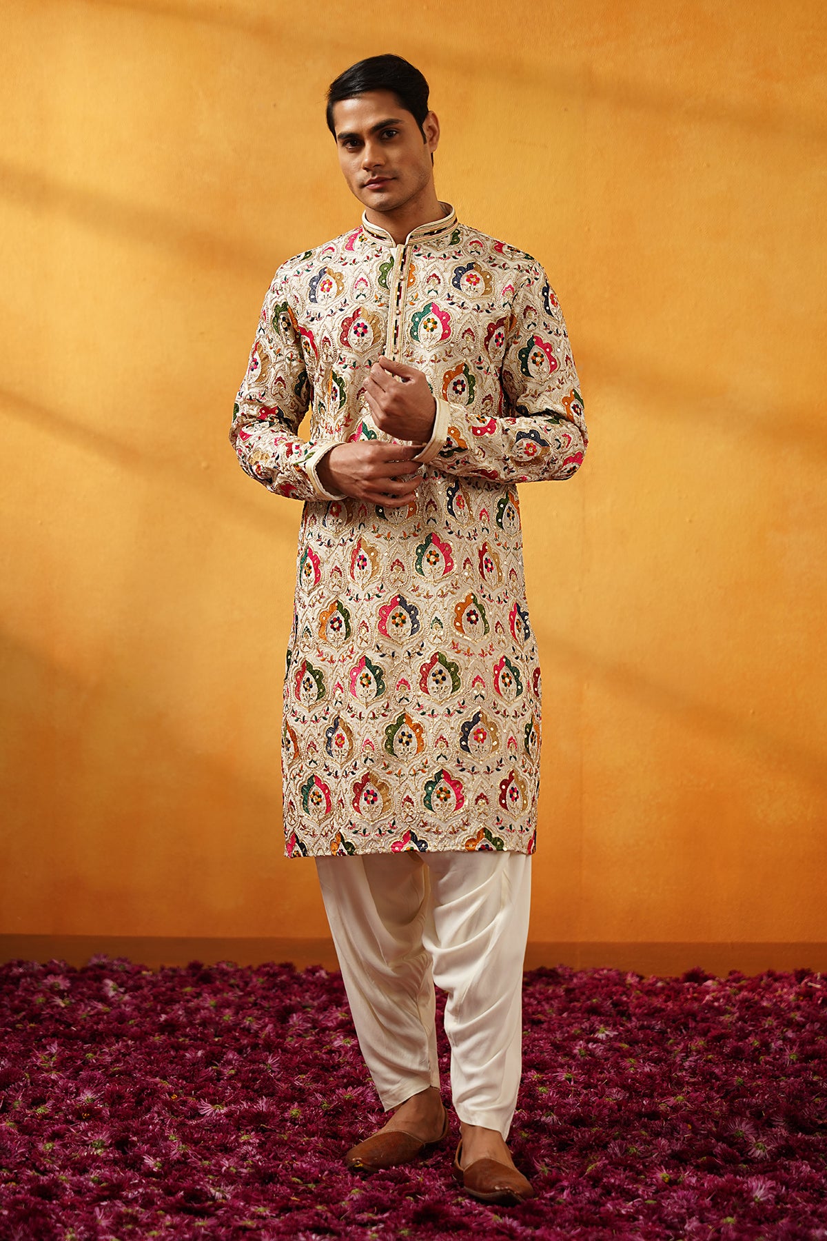 Vibrant Vibes Kurta: Cream with Bright Multi-Color Embroidery