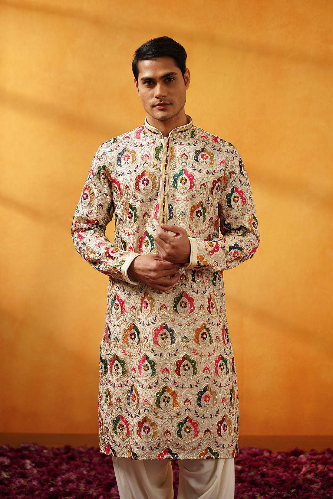 Vibrant Vibes Kurta: Cream with Bright Multi-Color Embroidery