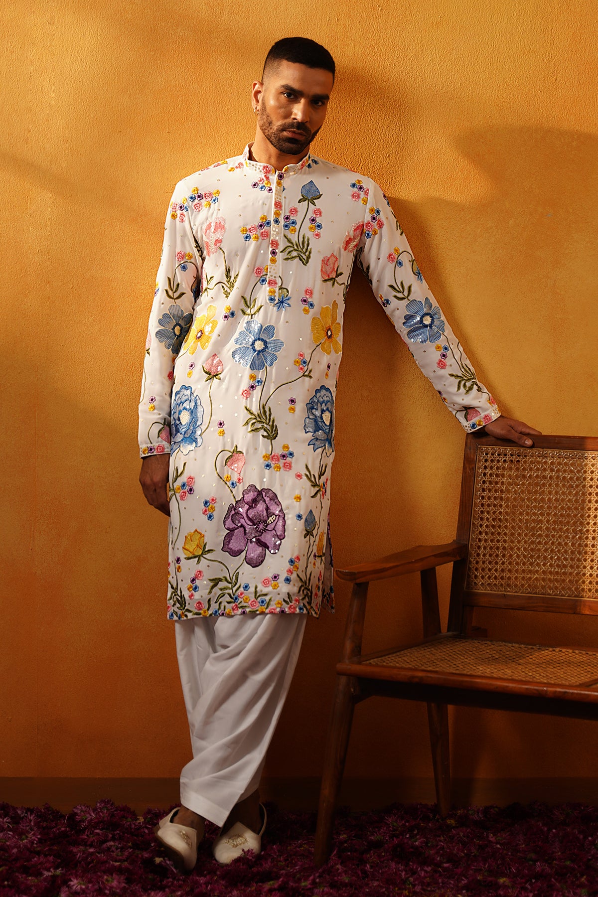 Garden of Dreams Kurta: White with Multi-Color Floral Embroidery