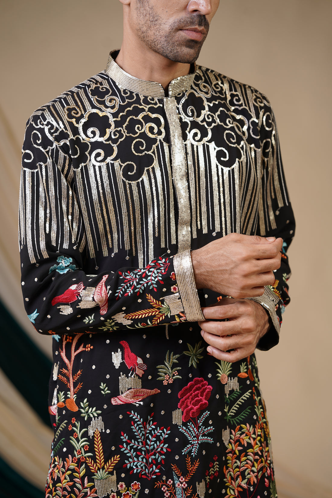 Sequin Splendor Kurta: Black with Golden Sequins and Floral Embroidery