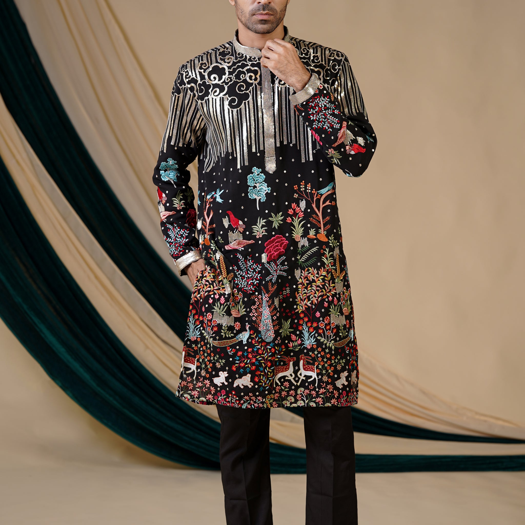 Sequin Splendor Kurta: Black with Golden Sequins and Floral Embroidery