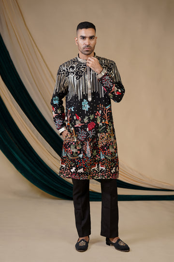 Sequin Splendor Kurta: Black with Golden Sequins and Floral Embroidery