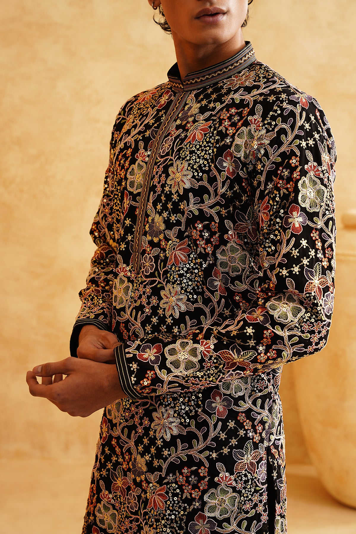 Midnight Garden Kurta: Black with Sequin and Embroidery Floral Work