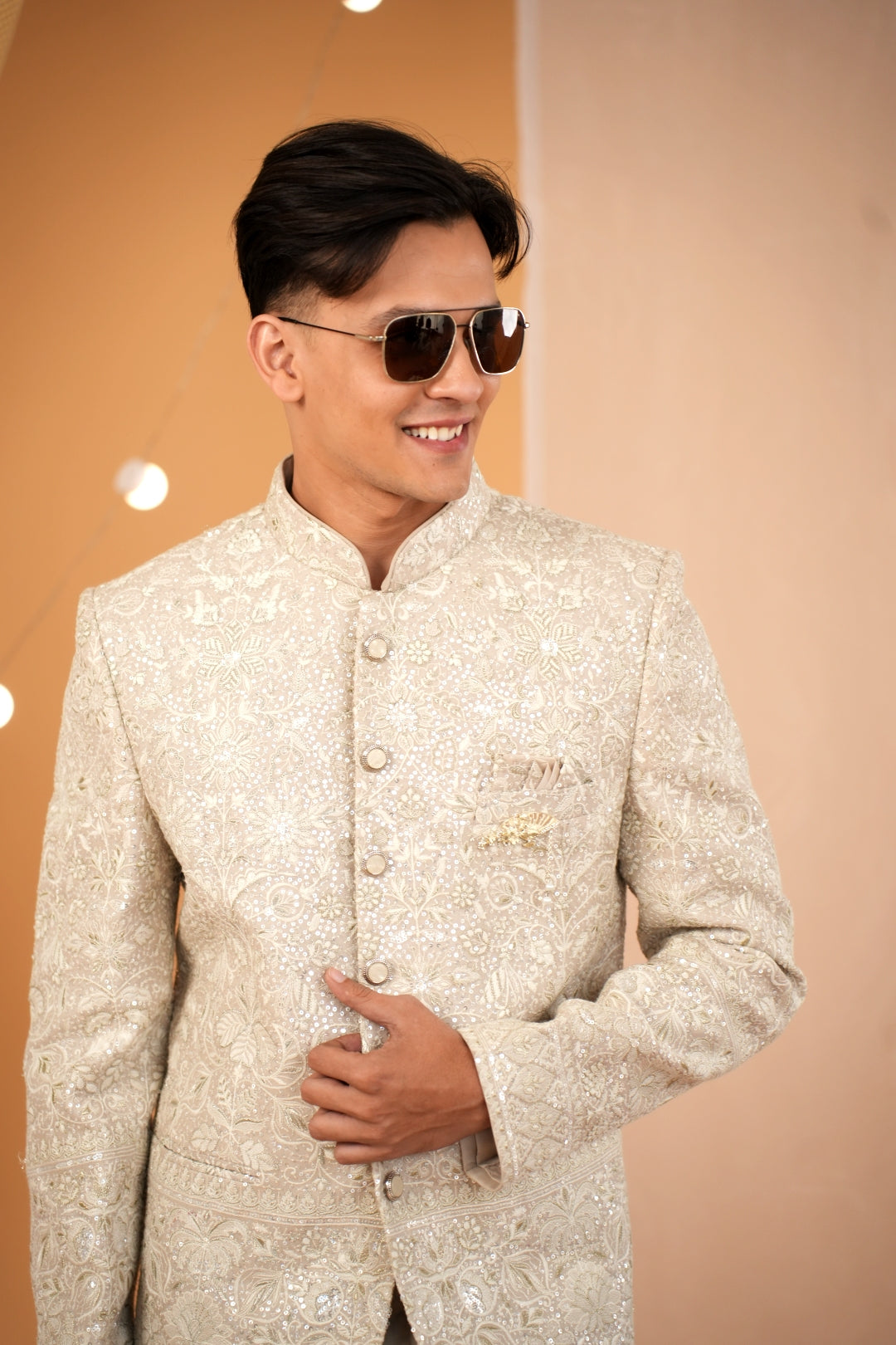 Beige Sequins Floral Embroidered Jodhpuri