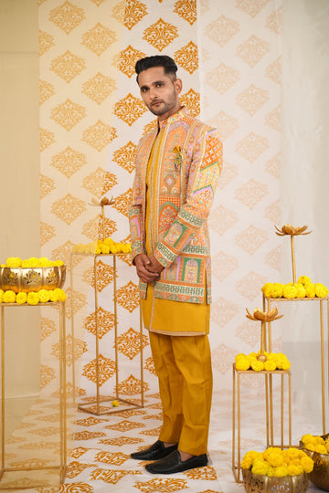 "Vibrant Elegance: Yellow Indo-Western Featuring Multi-Color Embroidered Details"