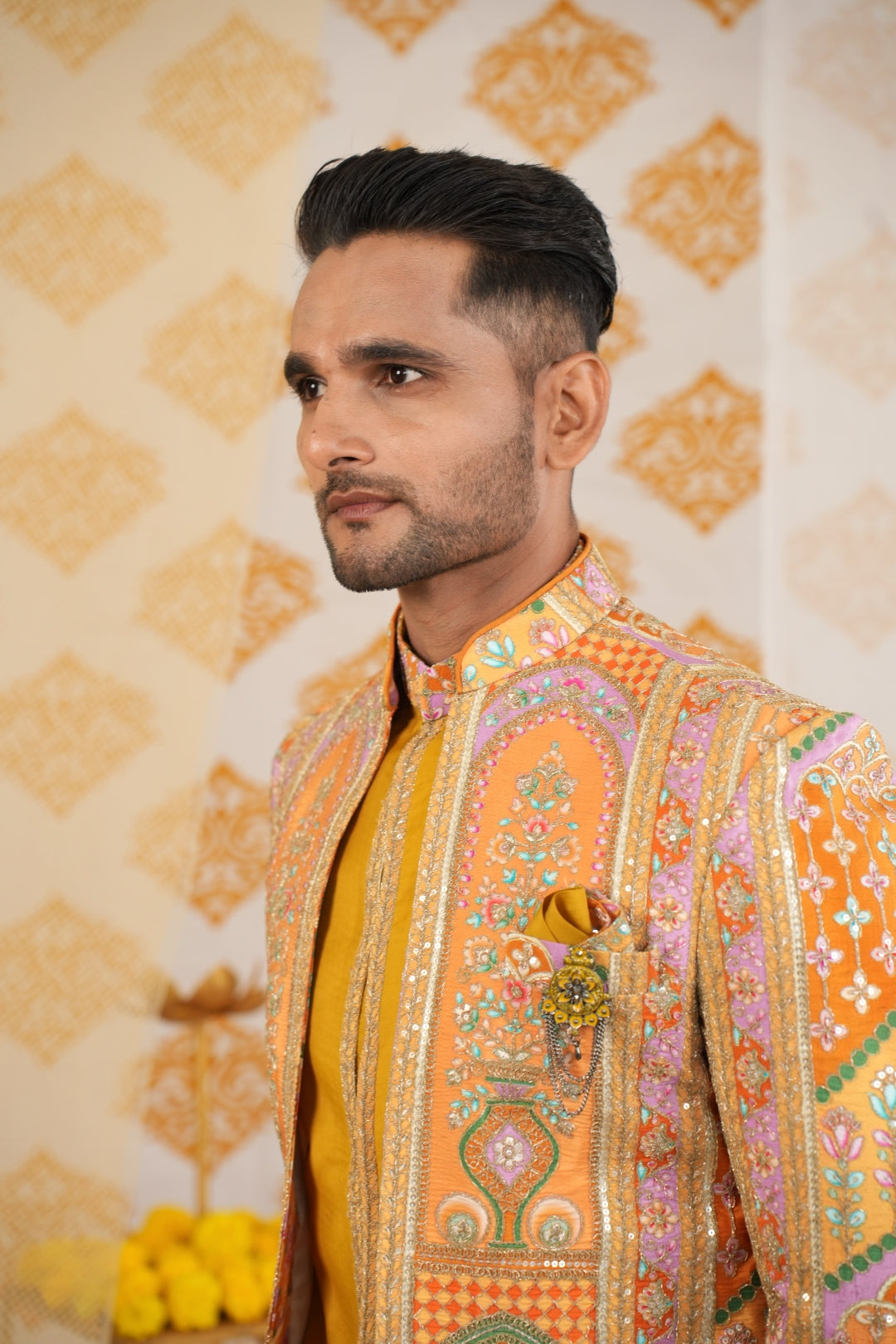 "Vibrant Elegance: Yellow Indo-Western Featuring Multi-Color Embroidered Details"