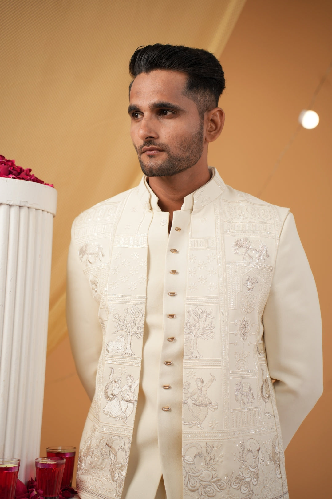 "Royal charm: Cream Jodhpuri Featuring Sequin & Thread Work Details"