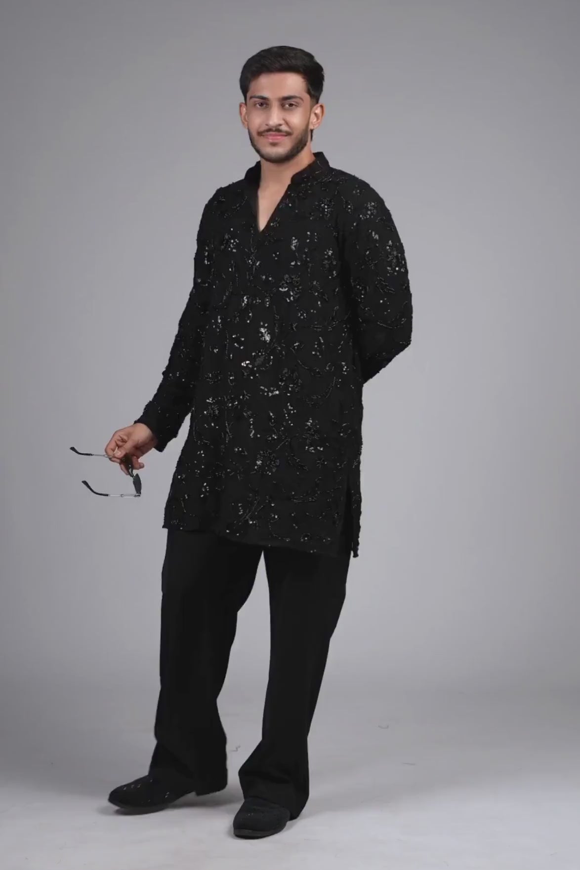 Black Floral Sequin & Bead Work Designer Kurta Pyjama For Men (Luxury Korean Pants)