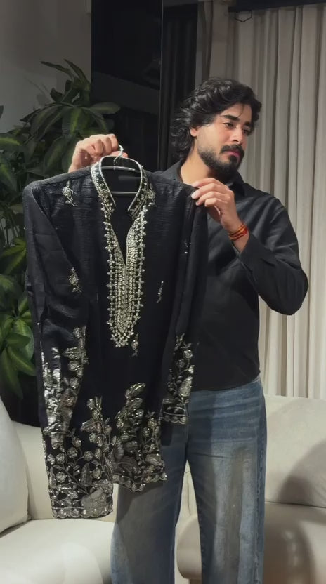 Black Luxury Embroidered Kurta Set For Men With Stole (Luxury Korean Pants)