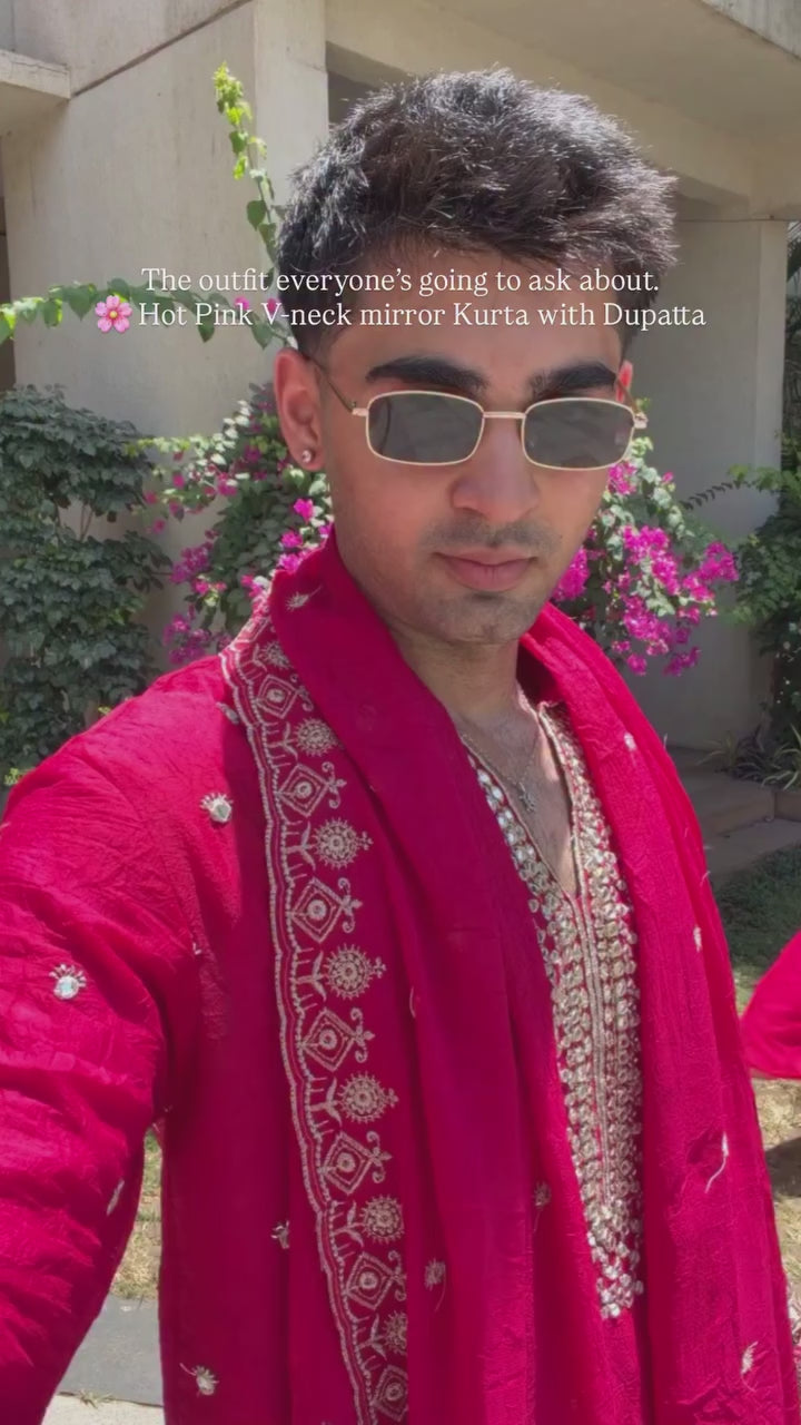 Pinkish Red V-Neck Mirror Work Wedding Kurta Set For Men With Stole (Luxury Korean Pants)