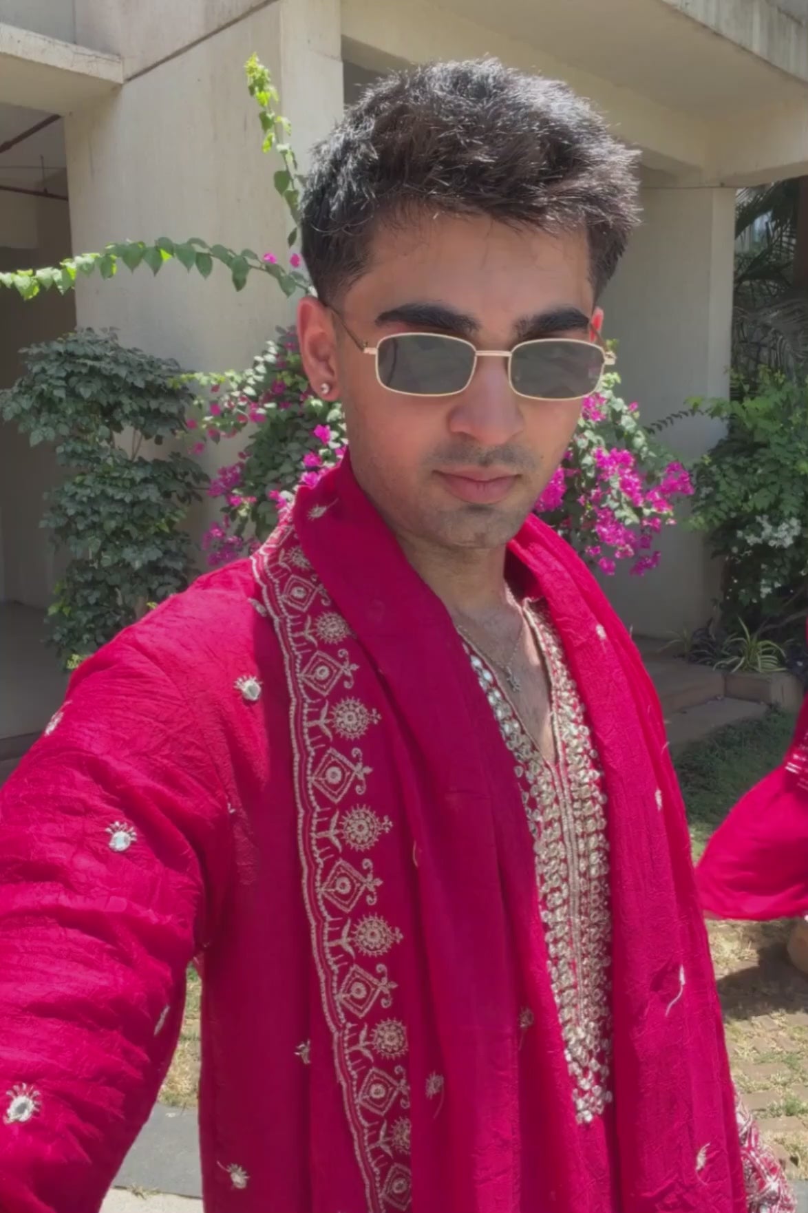 Pinkish Red V-Neck Mirror Work Wedding Kurta Set For Men With Stole (Luxury Korean Pants) F2-1094