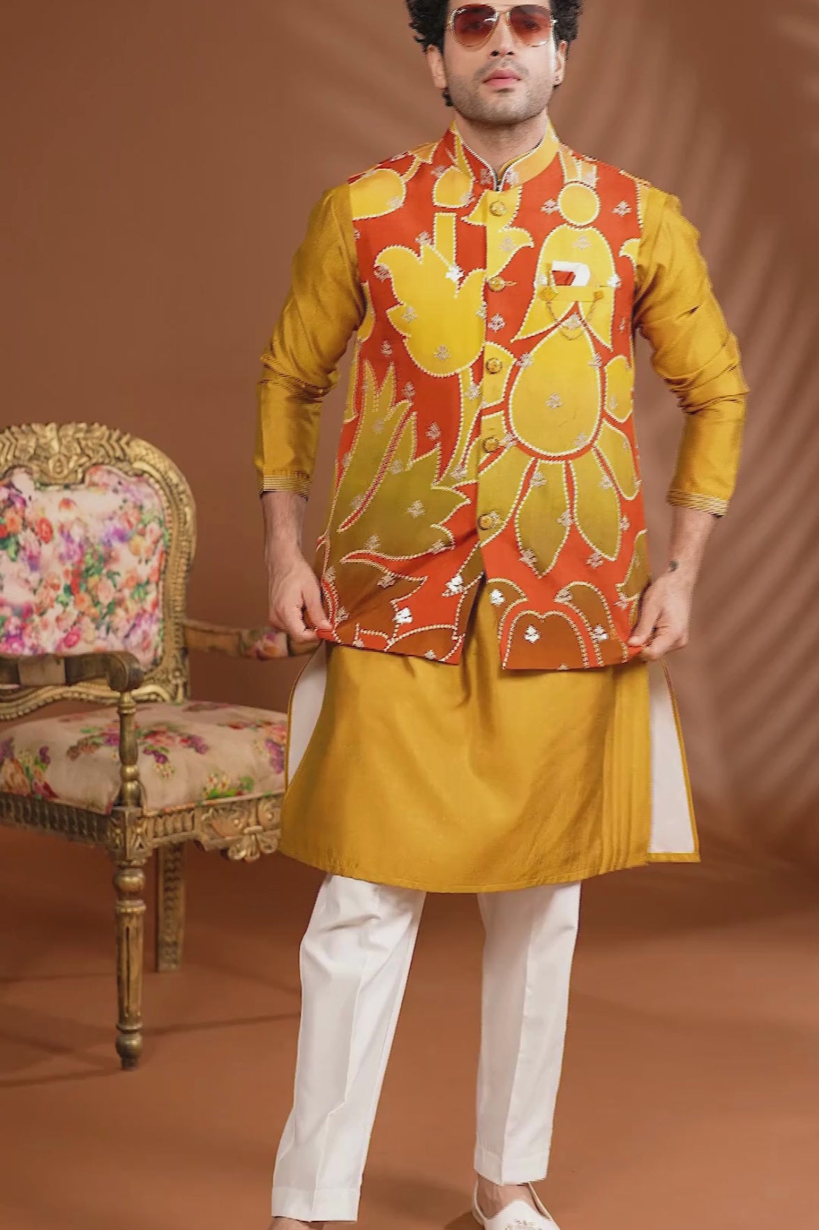 Mustard Heritage Coti Kurta Set for Men | Haldi & Wedding Outfit
