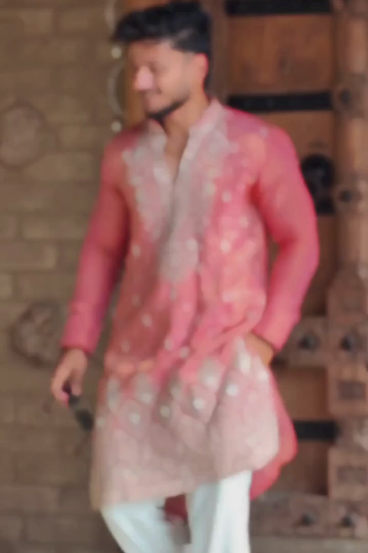 Peach Pink Luxury Embroidered Kurta Pajama For Men(Luxury Korean Pants)