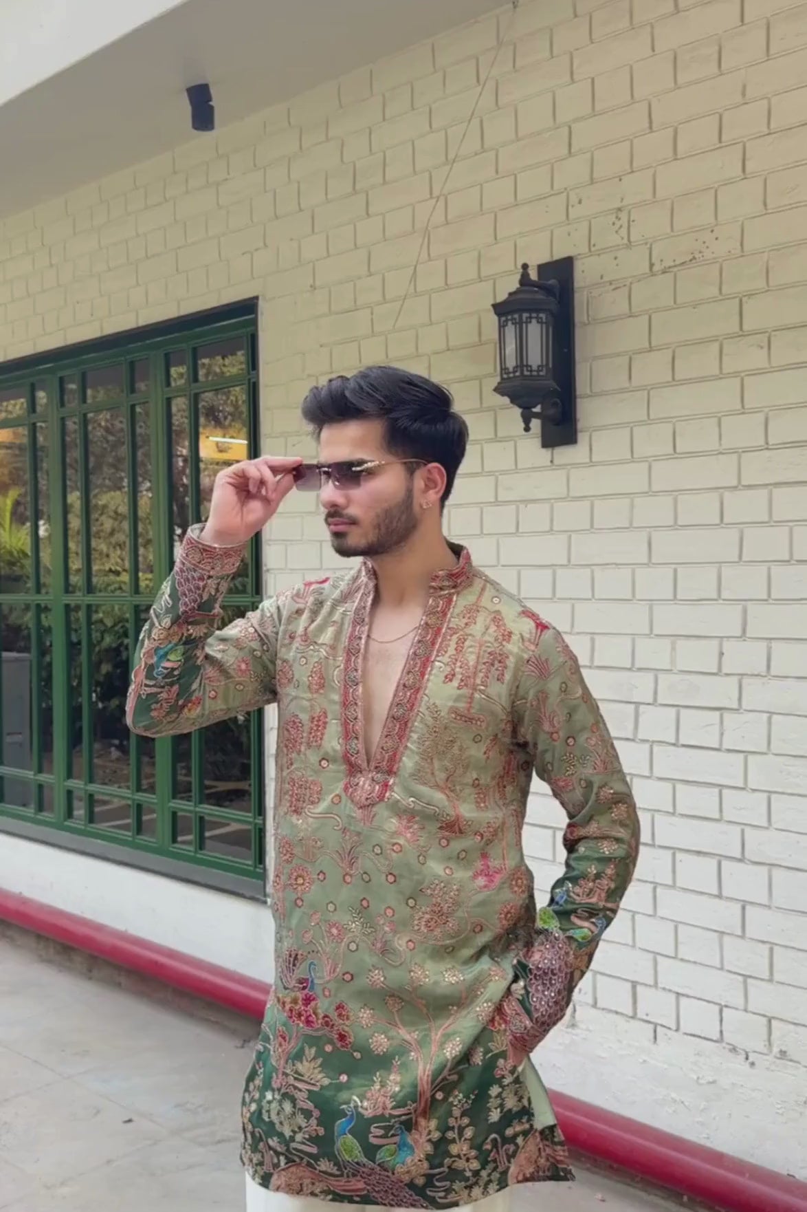 Double-Shaded Olive Green Embroidered Kurta Pyjama For Men (Luxury Korean Pants) F2-1068