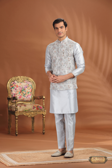 Pastel Kurta Pajama Sets with Floral Embroidered Jackets – Available in Onion & Light Grey 🌸✨