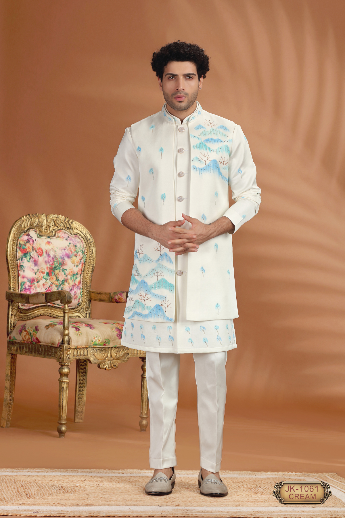 Cream Kurta Pajama Set with Sky Blue Embroidered Long Jacket – Perfect for Weddings & Receptions 🤍✨