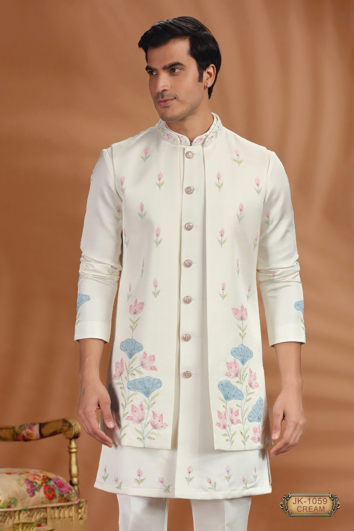 Cream Kurta Pajama Set with Pastel Floral Embroidered Long Jacket – Wedding & Festive Wear🌸✨
