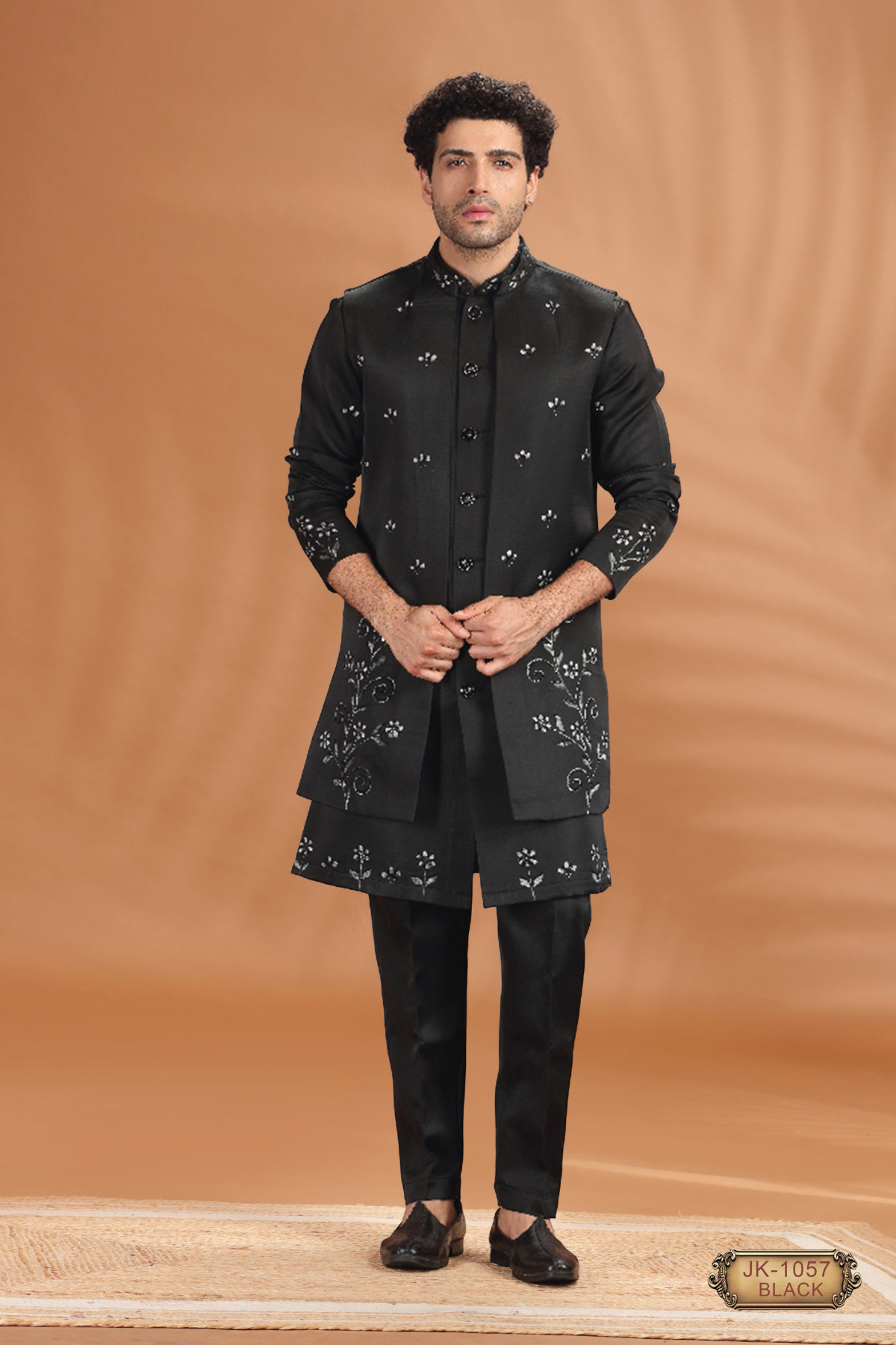 Embroidered Open Jacket Indo-Western Set – Black & Navy