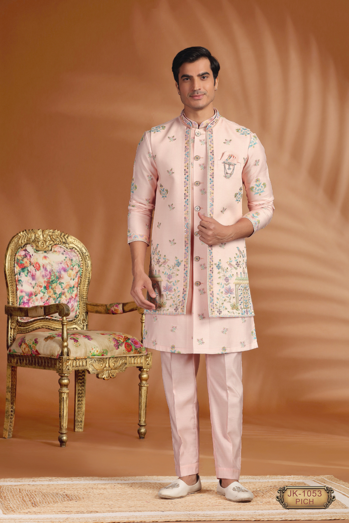 Pastel Embroidered Open Jacket Indo-Western Set – Peach & Mint Green