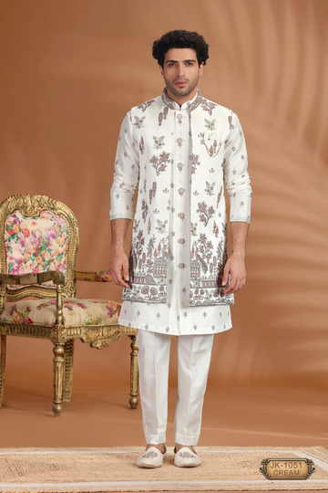 Royal Cream Embroidered Open Jacket Indo-Western Set