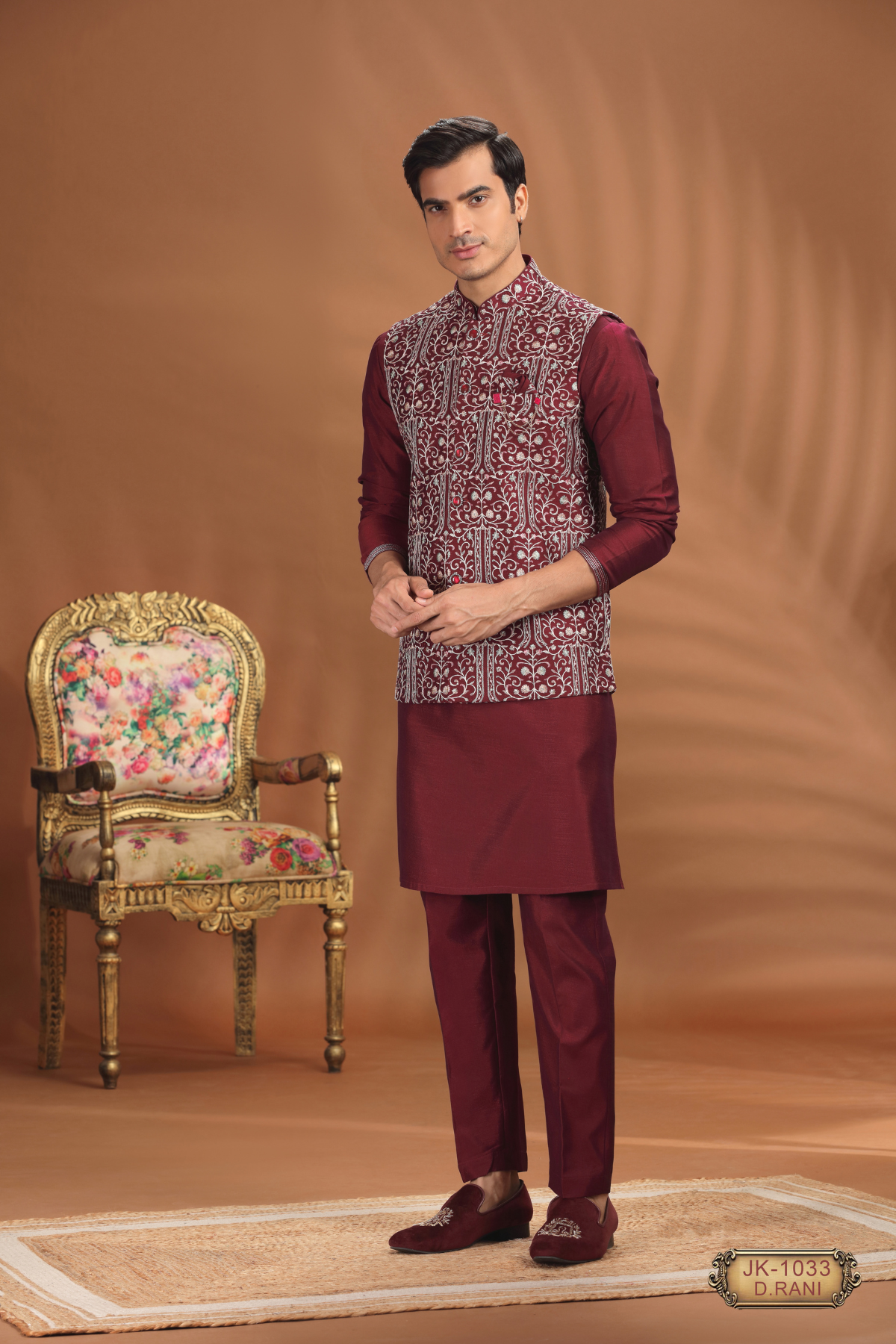 Men’s Coti Kurta Sets – Deep Rani & Cream Outfits for Weddings & Receptions