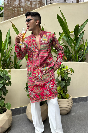 Royal Pink Embroidered Kurta Set for Men | Wedding & Festive Wear