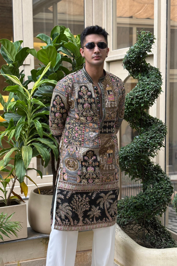 Black & Mehendi Green Royal Heritage Position Embroidered Kurta for Men Paired With Luxury Korean Pants