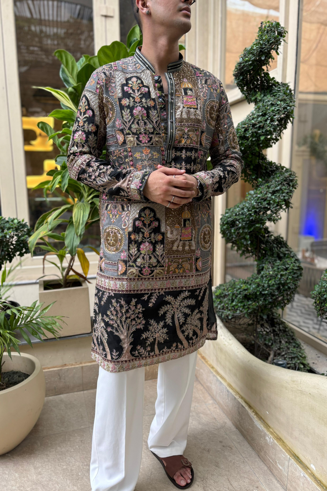 Black & Mehendi Green Royal Heritage Position Embroidered Kurta for Men Paired With Luxury Korean Pants
