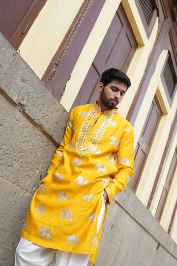 Yellow Mirror Work Elephant Motif Kurta for Men – Festive & Wedding Wear