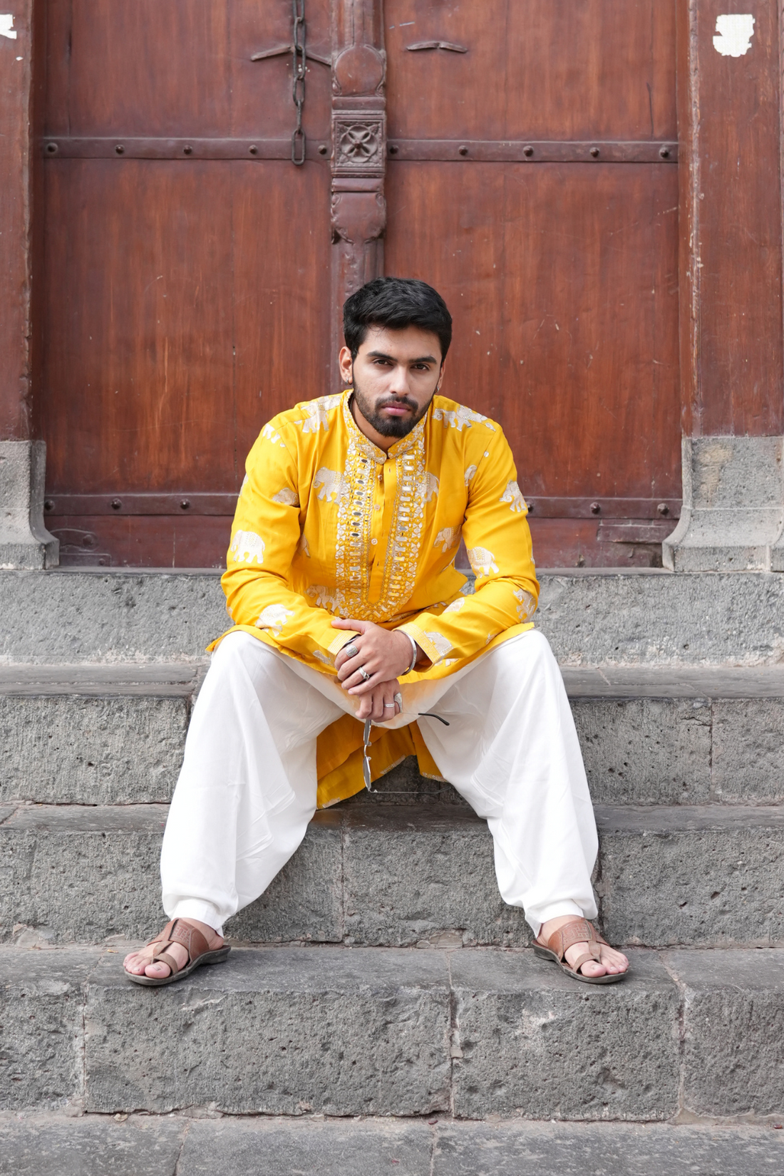 Yellow Mirror Work Elephant Motif Kurta for Men – Festive & Wedding Wear