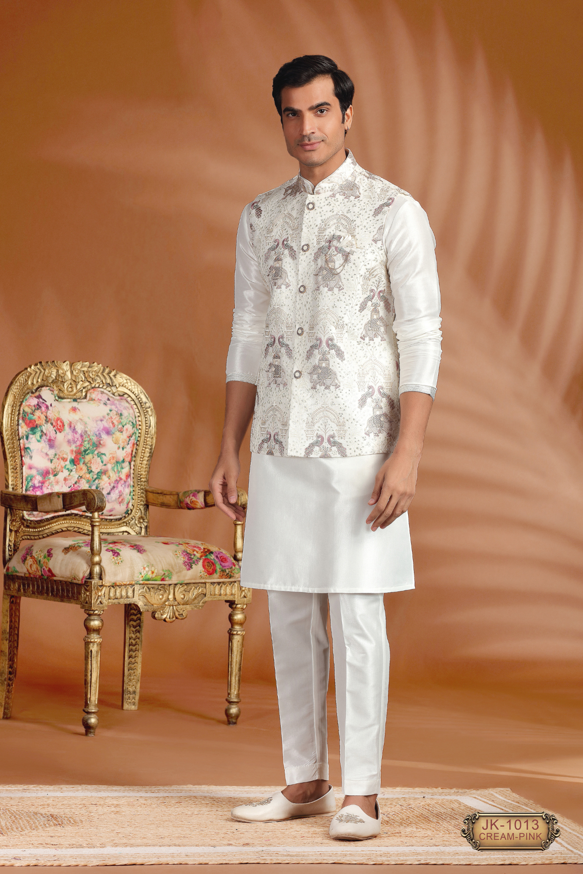 Men’s Designer Coti Set with White Kurta Pajama – Cream-Gray & Cream-Pink Variants