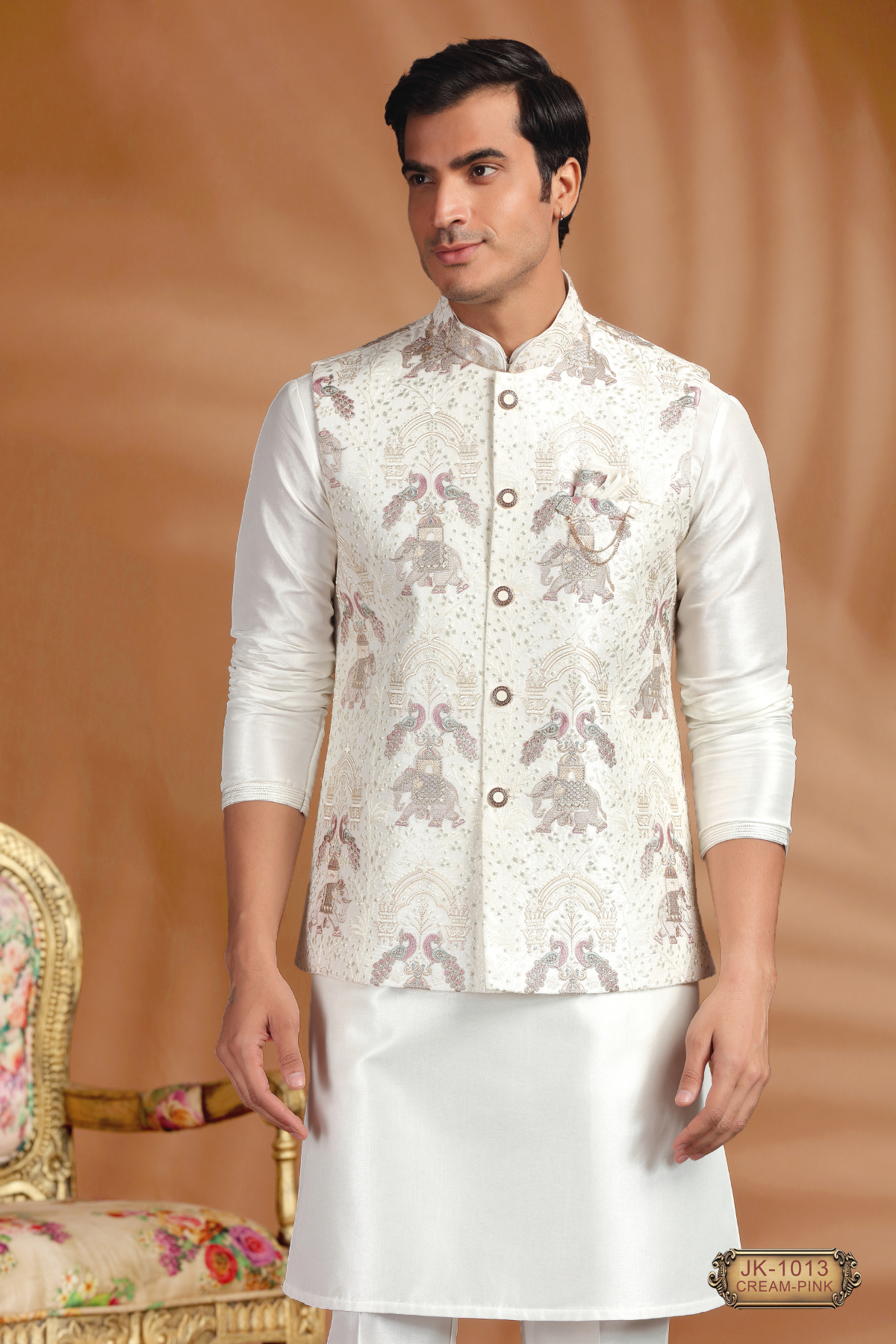 Men’s Designer Coti Set with White Kurta Pajama – Cream-Gray & Cream-Pink Variants