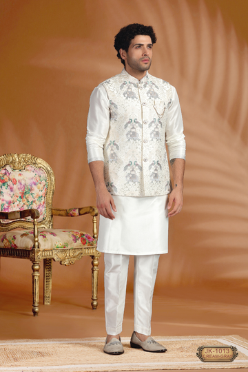 Men’s Designer Coti Set with White Kurta Pajama – Cream-Gray & Cream-Pink Variants