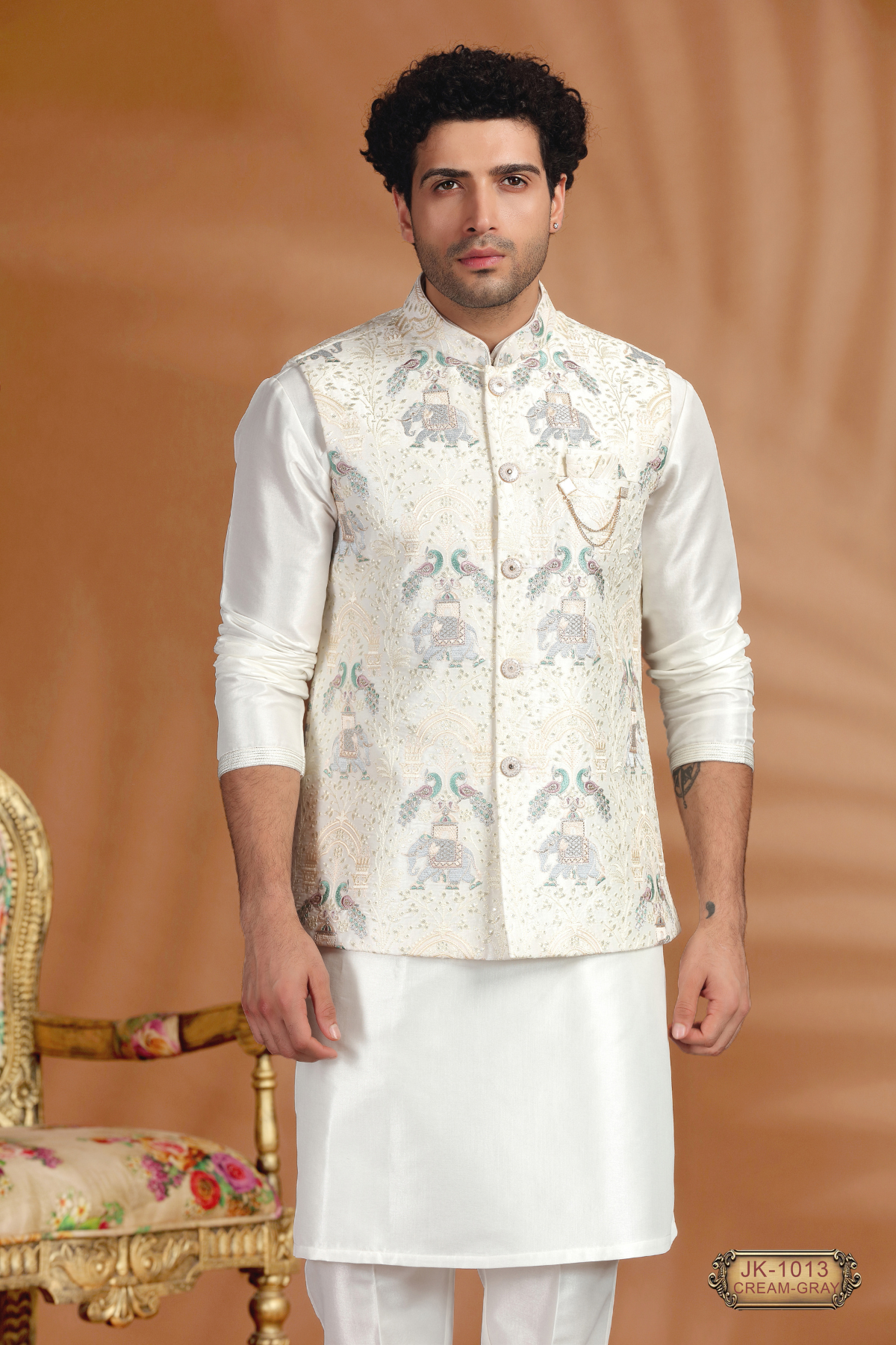 Men’s Designer Coti Set with White Kurta Pajama – Cream-Gray & Cream-Pink Variants