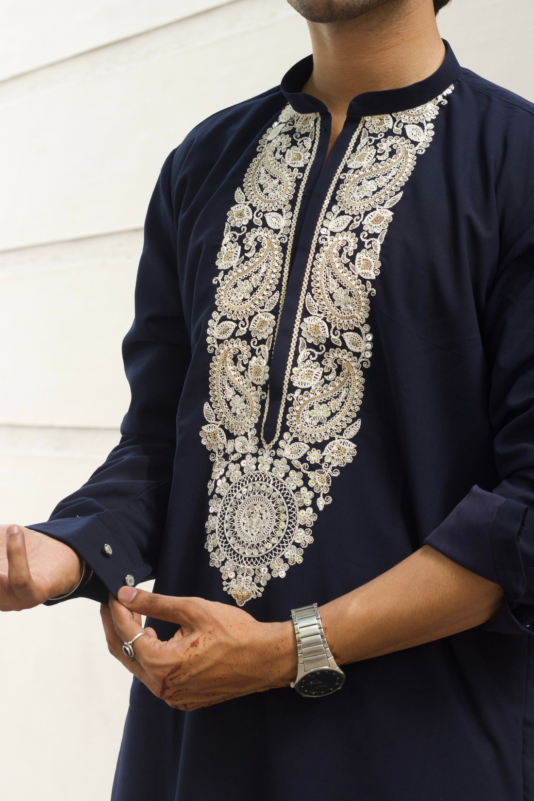 Luxury Men’s Ethnic Outfit – Navy Blue Kurta with Embroidery & Korean Pants