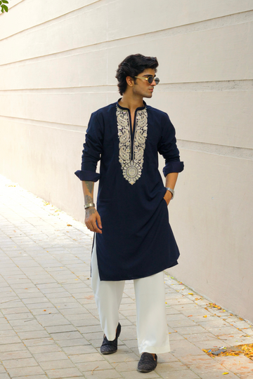 Luxury Men’s Ethnic Outfit – Navy Blue Kurta with Embroidery & Korean Pants