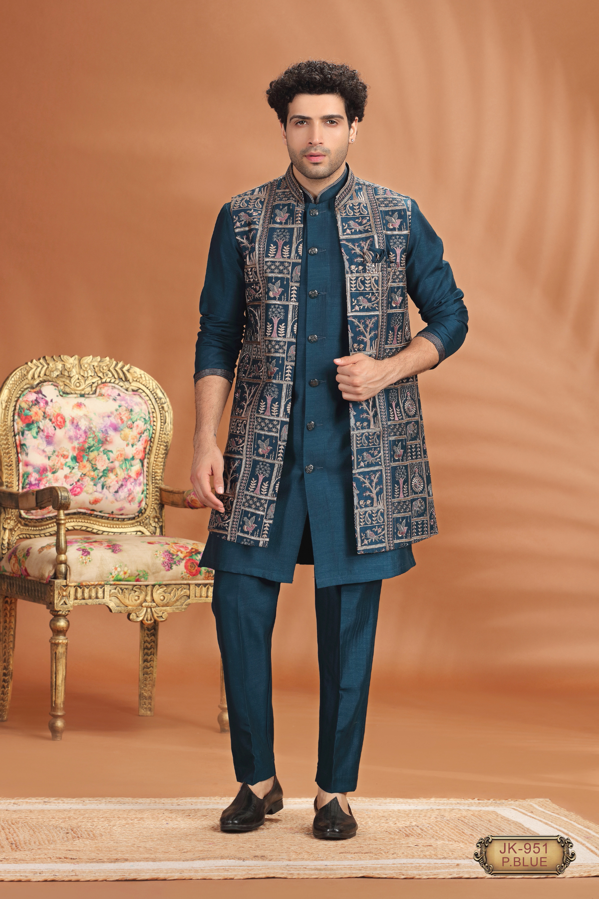 Royal Embroidered Open Jacket Indo-Western Set for Men (Wine & Peacock Blue)