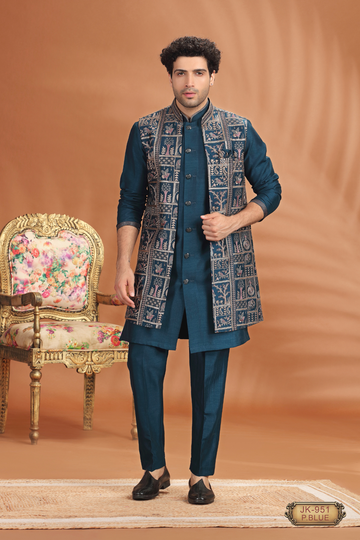 Royal Embroidered Open Jacket Indo-Western Set for Men (Wine & Peacock Blue)