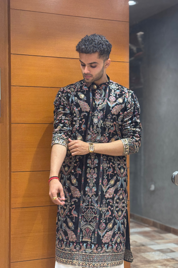 Majestic Black Embroidered Designer Kurta Set for Men with Luxury Korean Pants