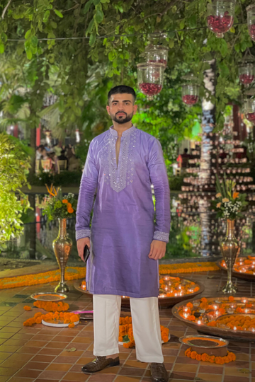 Lavender Silk Mirror Kurta Set for Men – Festive & Wedding Collection