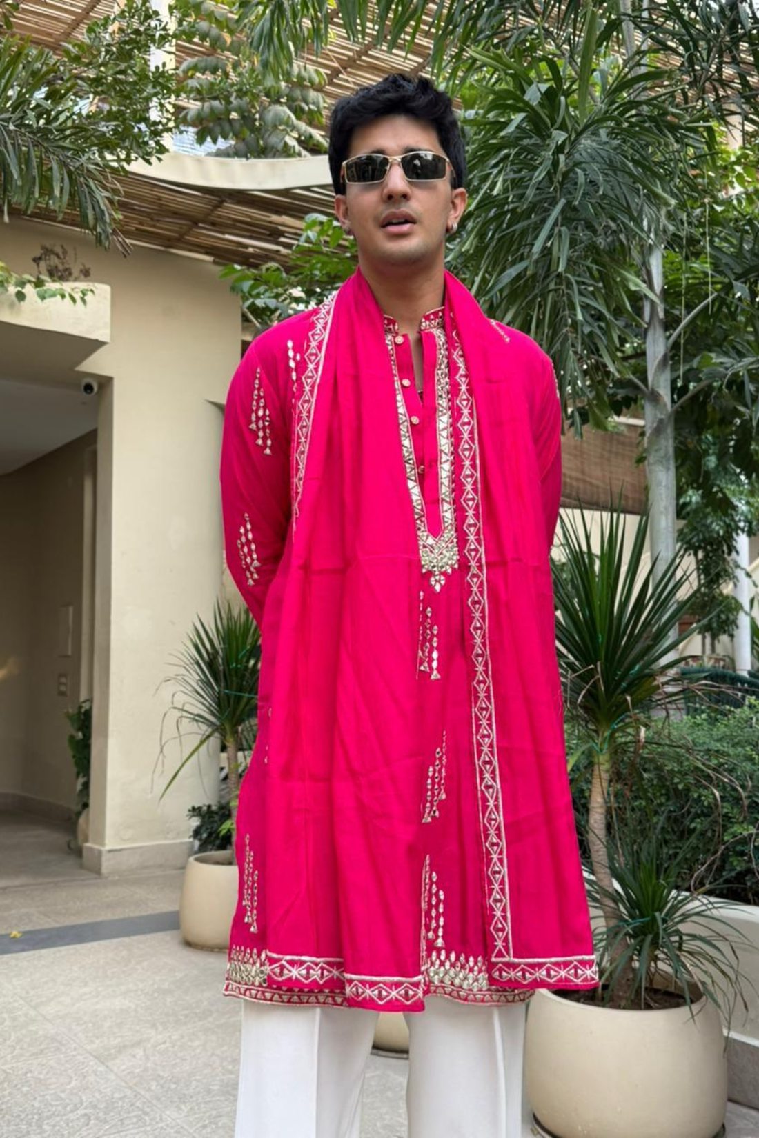 Hot Pink Mirror Work Festive Kurta Ser for Men Paired With Luxury Korean Pants