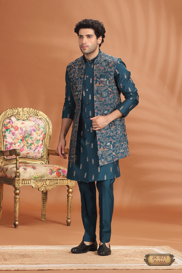 Nehru Jacket Kurta Set for Men – Navy & Rama | Designer Festive Indo-Western Outfit