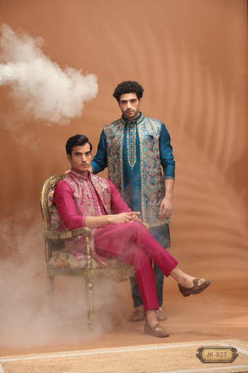 Royal Embroidered Open Jacket Kurta Set for Men – Rani & Teal Blue | Festive & Wedding Indo-Western Set”